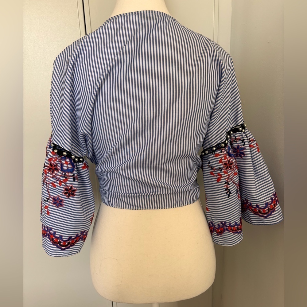 Topshop Blue Striped Blouse with Embroidered Sleeves - Picture 6 of 7